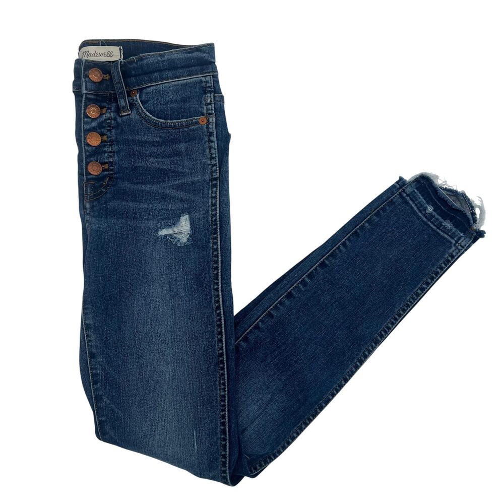 Madewell 10" High Rise Button Fly Skinny Jeans size 23 Blue Distressed Raw Hem